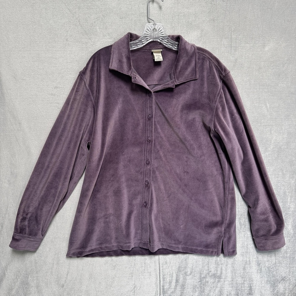 Vtg L.L. Bean Button-Up Women Large Purple Velour Tunic Long Sleeve Collared Top